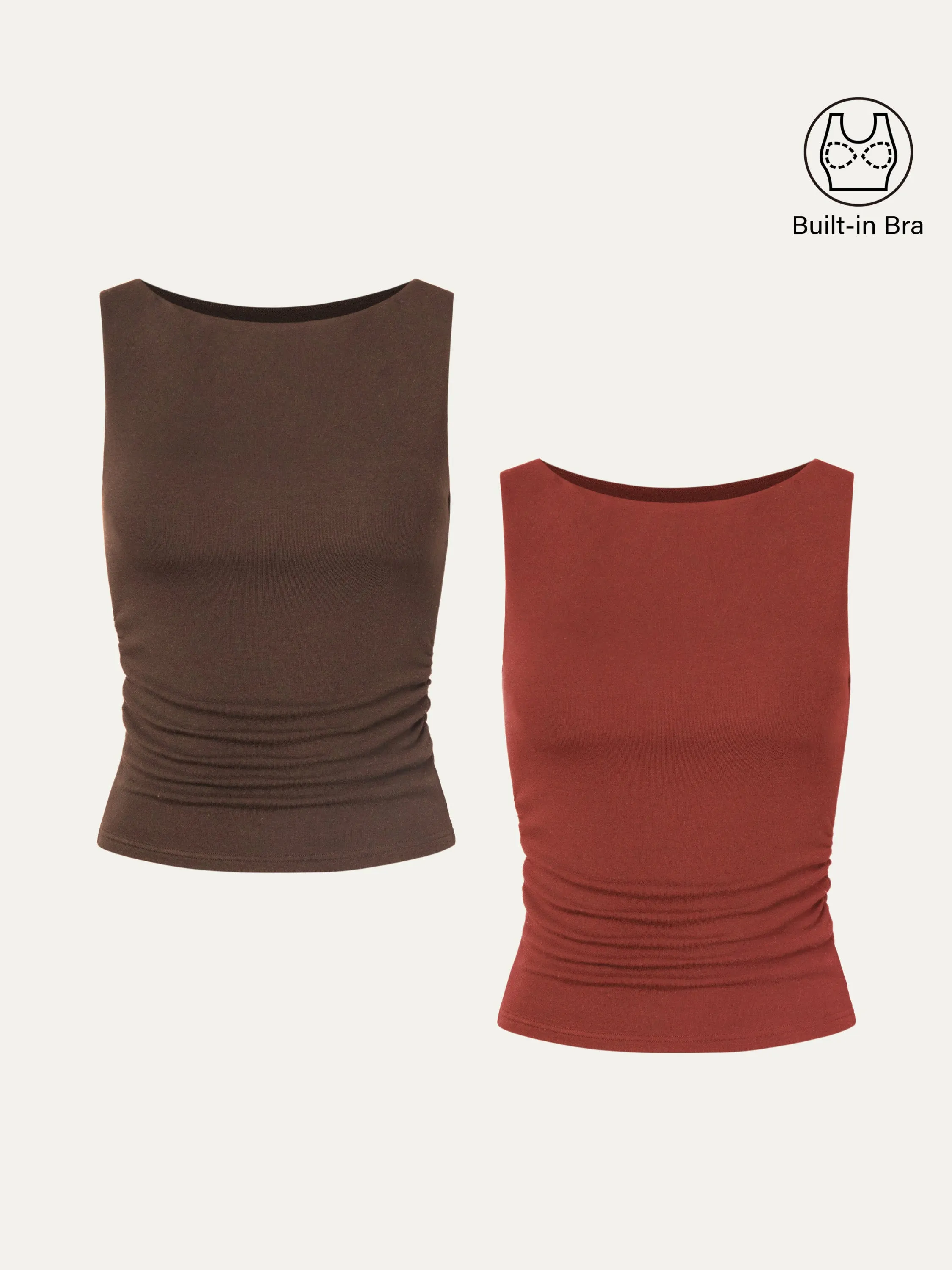 2Pcs Set Ruched Sides Boatneck Brami Top