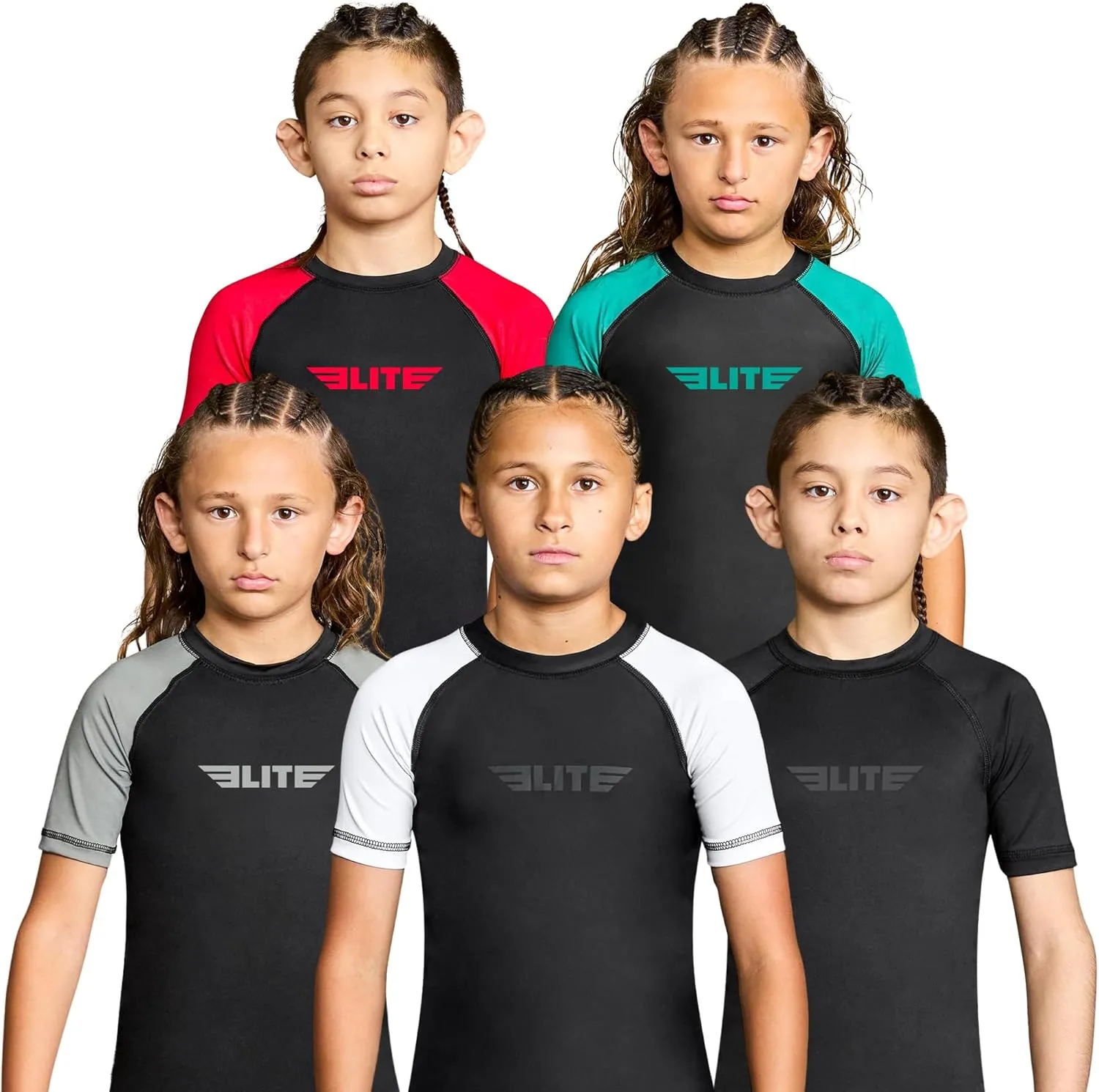 Elite Sports Kids' Jiu Jitsu BJJ Rash Guard, Short Half Sleeve Compression Shirt for Youth Boys Girls Sports Nogi Training