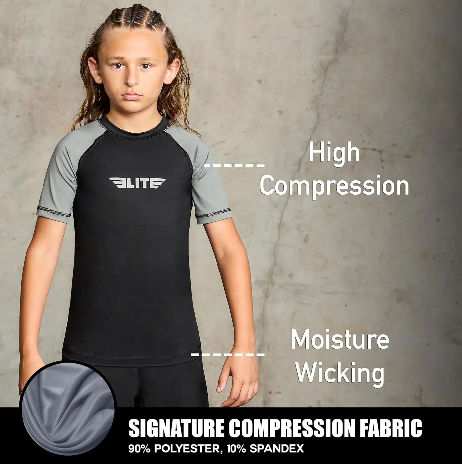 Elite Sports Kids' Jiu Jitsu BJJ Rash Guard, Short Half Sleeve Compression Shirt for Youth Boys Girls Sports Nogi Training