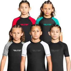 Elite Sports Kids' Jiu Jitsu BJJ Rash Guard, Short Half Sleeve Compression Shirt for Youth Boys Girls Sports Nogi Training