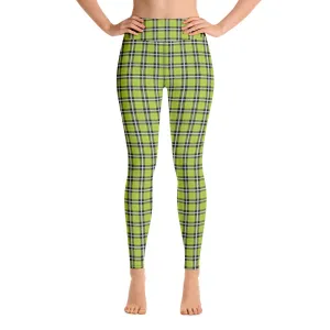 Green Plaid Print Yoga Leggings, Scottish Tartan Plaid Print Women's Tights-Made in USA/EU