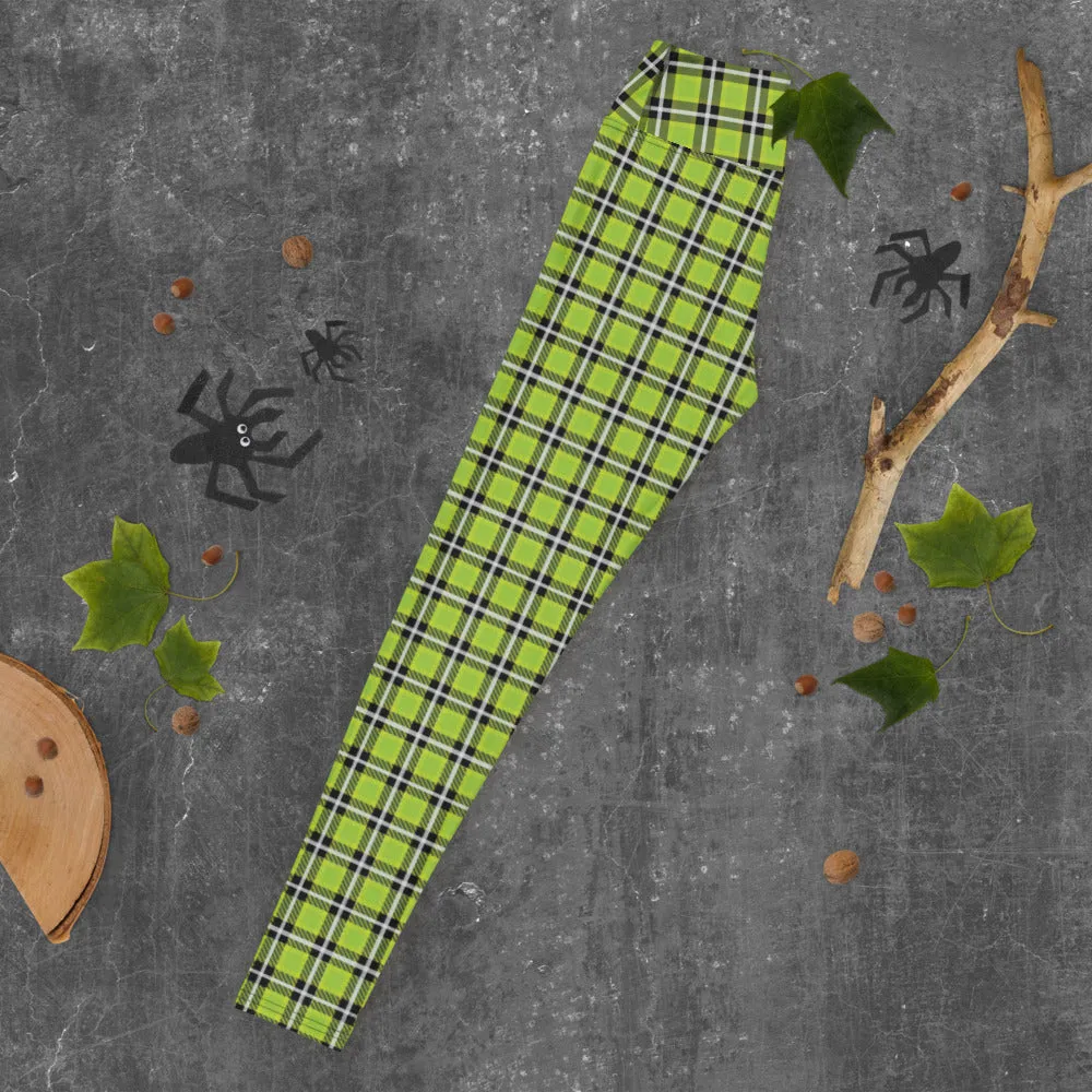 Green Plaid Print Yoga Leggings, Scottish Tartan Plaid Print Women's Tights-Made in USA/EU
