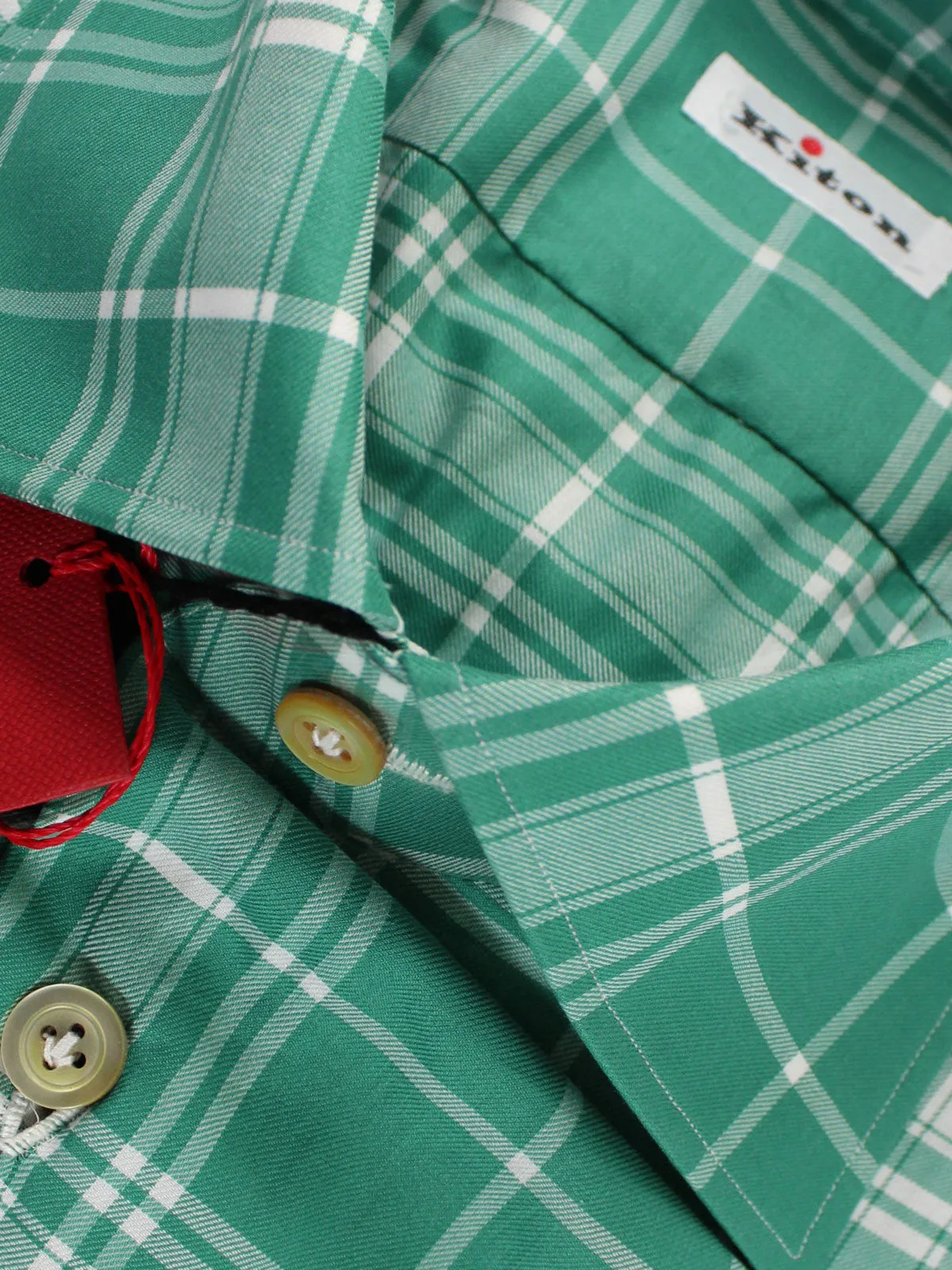 Kiton Sport Shirt White Green Plaid 45 - 18 REDUCED SALE