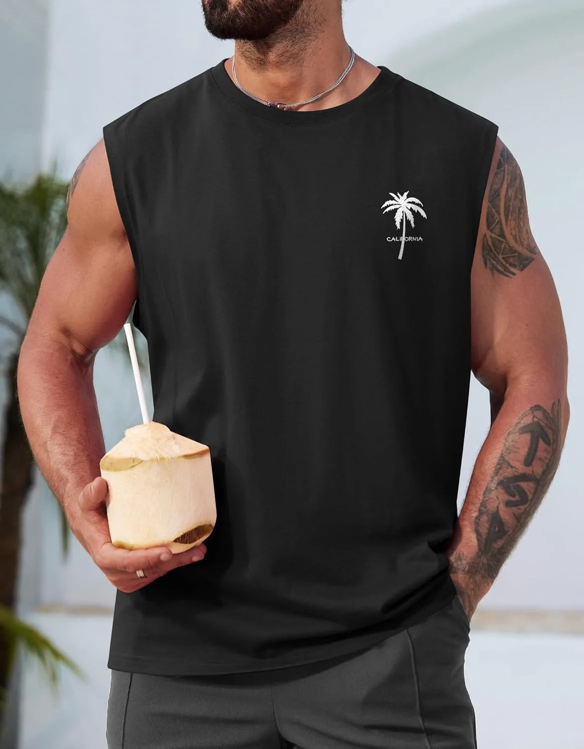 Mens Beach Summer Tank Tops Palm Tree Graphic Vacation Muscle Sleeveless Shirts (S-3XL)