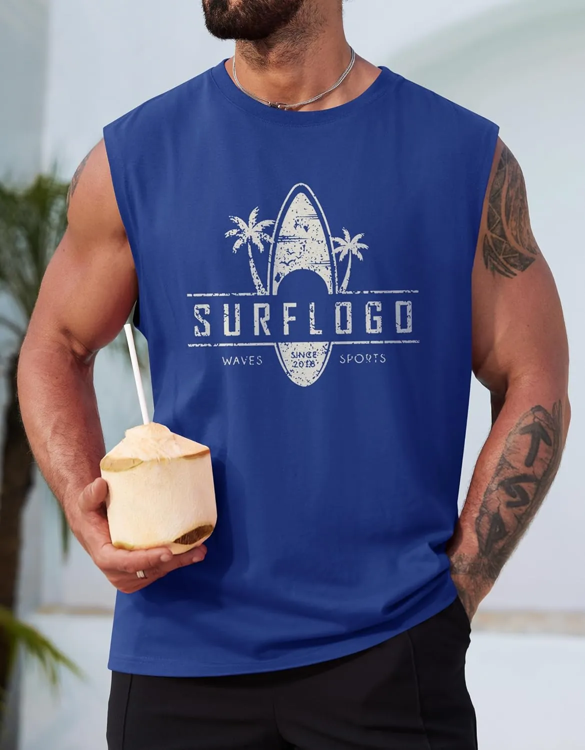 Mens Beach Summer Tank Tops Palm Tree Graphic Vacation Muscle Sleeveless Shirts (S-3XL)