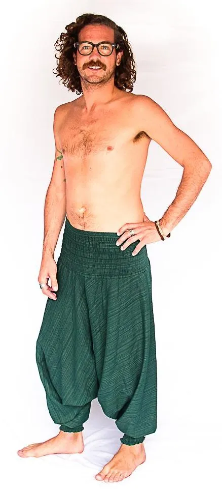 Men's Low Cut Harem Pants in Green Static