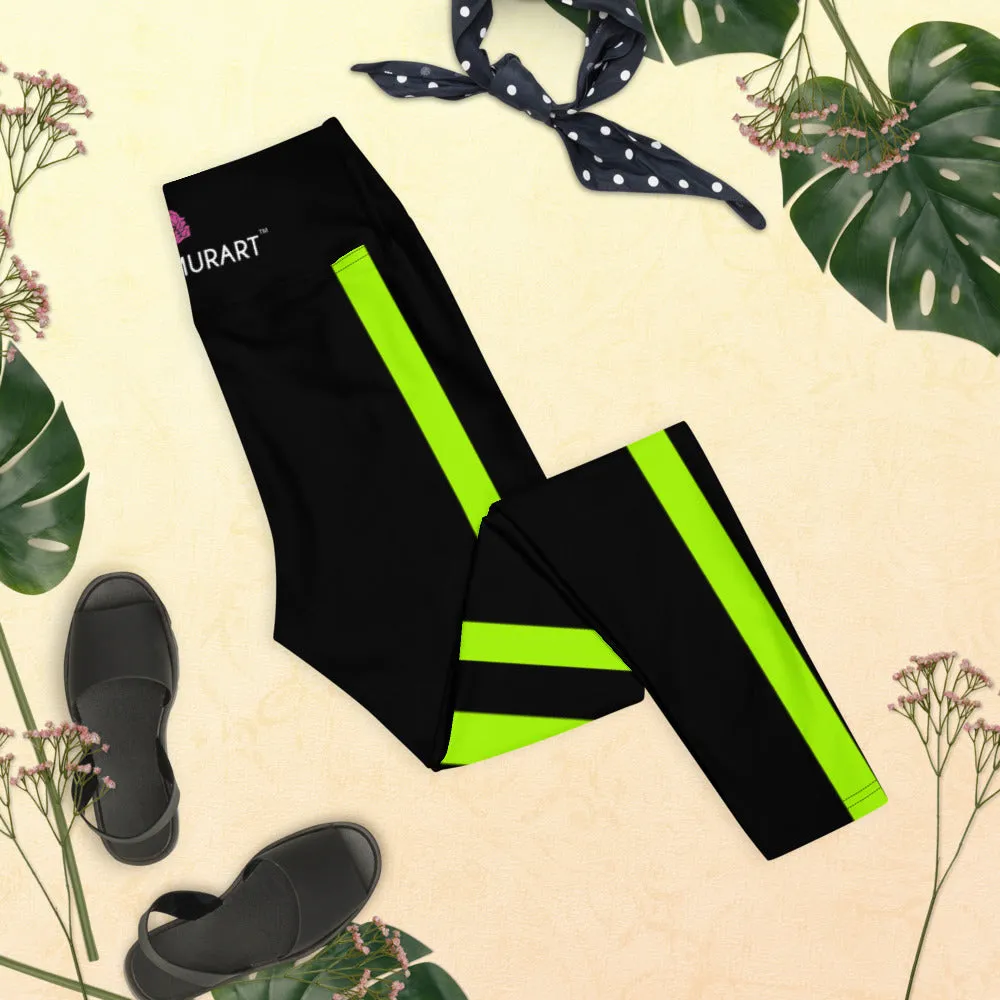 Neon Green Stripes Yoga Leggings, Striped Long Women's Gym Sports Tights-Made in USA/EU/MX
