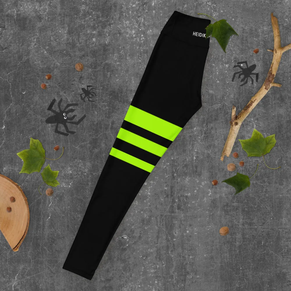 Neon Green Stripes Yoga Leggings, Striped Long Women's Gym Sports Tights-Made in USA/EU/MX