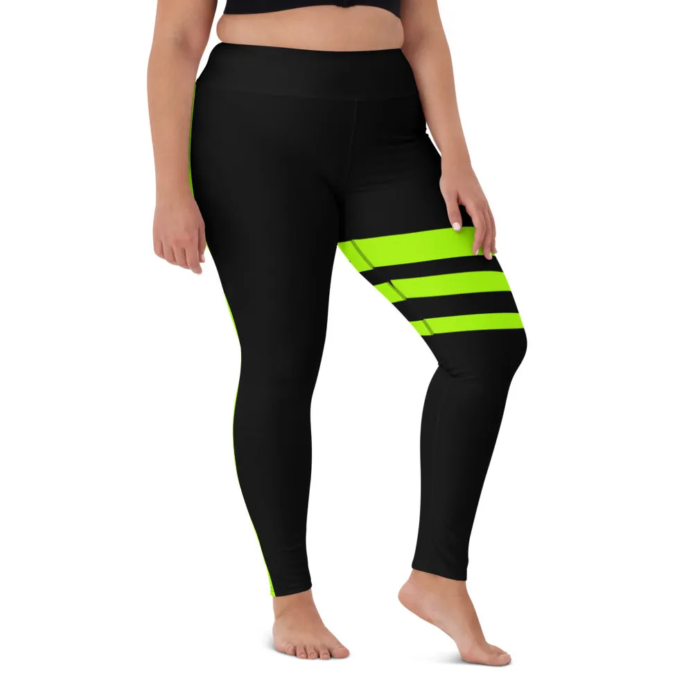 Neon Green Stripes Yoga Leggings, Striped Long Women's Gym Sports Tights-Made in USA/EU/MX