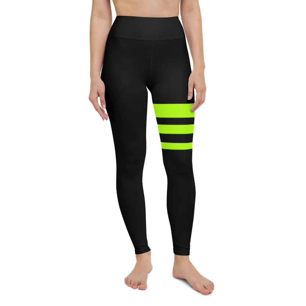 Neon Green Stripes Yoga Leggings, Striped Long Women's Gym Sports Tights-Made in USA/EU/MX