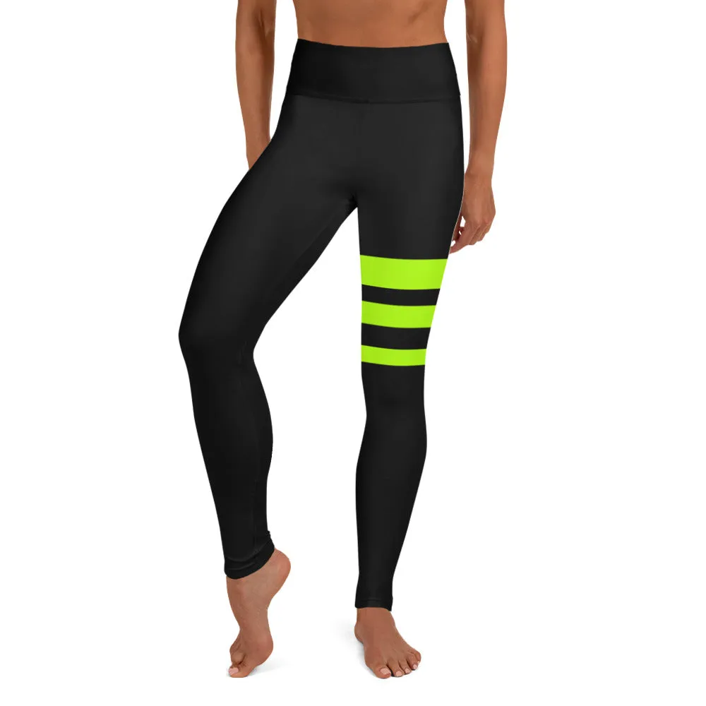 Neon Green Stripes Yoga Leggings, Striped Long Women's Gym Sports Tights-Made in USA/EU/MX