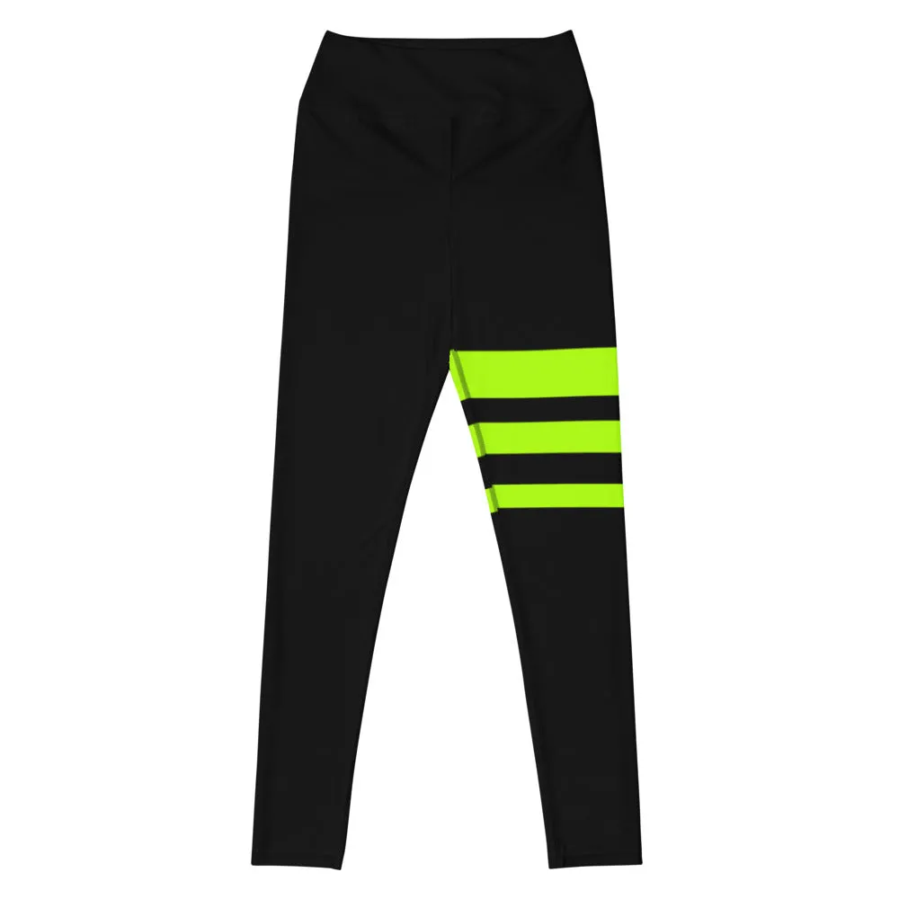 Neon Green Stripes Yoga Leggings, Striped Long Women's Gym Sports Tights-Made in USA/EU/MX