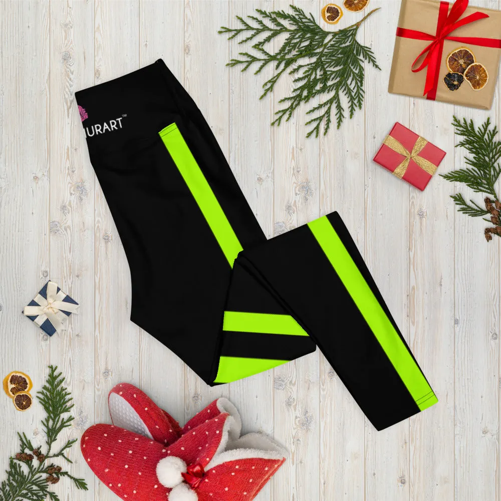 Neon Green Stripes Yoga Leggings, Striped Long Women's Gym Sports Tights-Made in USA/EU/MX
