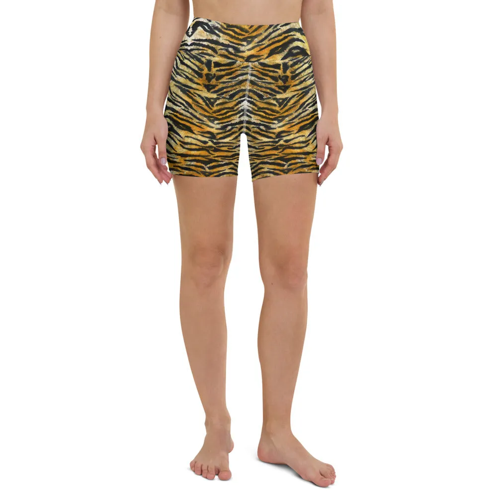 Orange Tiger Stripe Yoga Shorts, Animal Print Women's Short Tights-Made in USA/EU