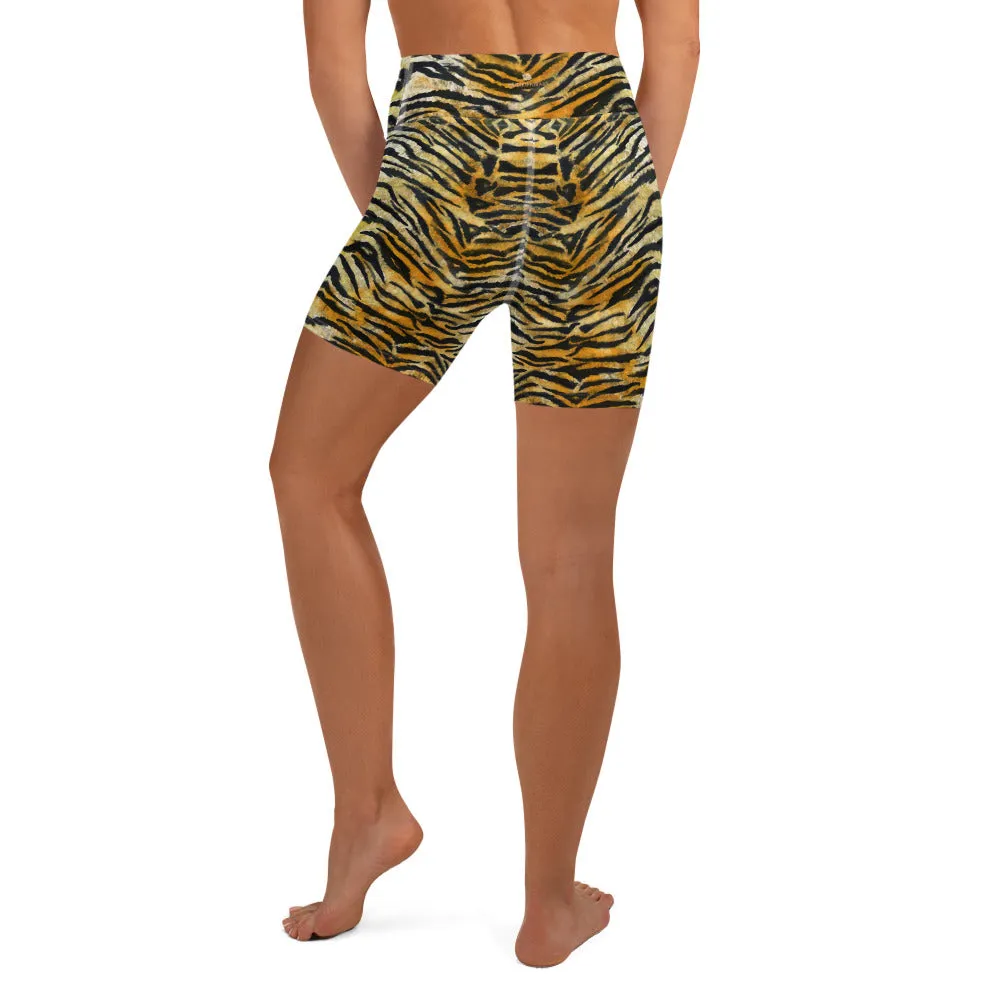 Orange Tiger Stripe Yoga Shorts, Animal Print Women's Short Tights-Made in USA/EU