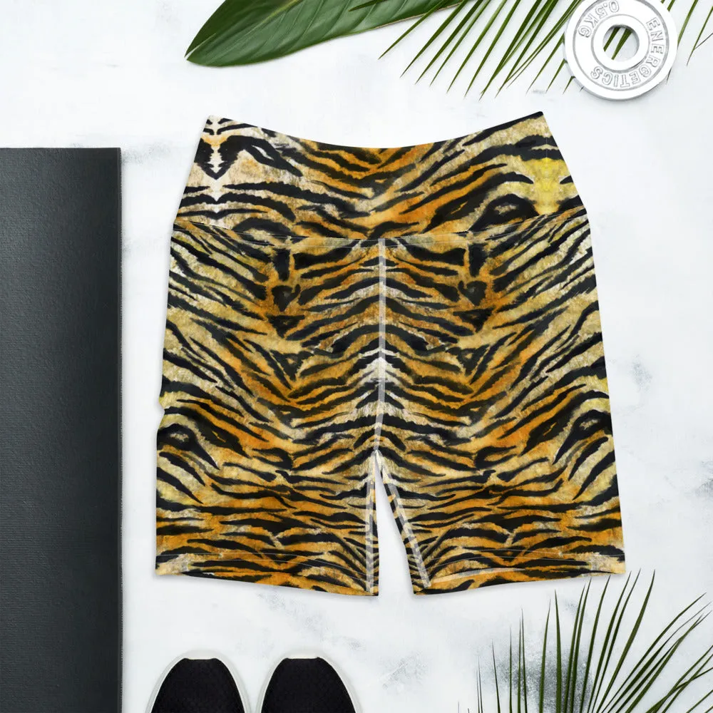 Orange Tiger Stripe Yoga Shorts, Animal Print Women's Short Tights-Made in USA/EU