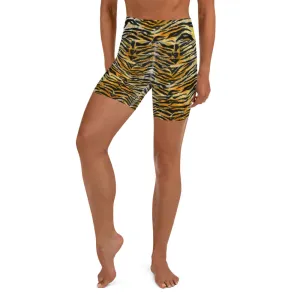 Orange Tiger Stripe Yoga Shorts, Animal Print Women's Short Tights-Made in USA/EU