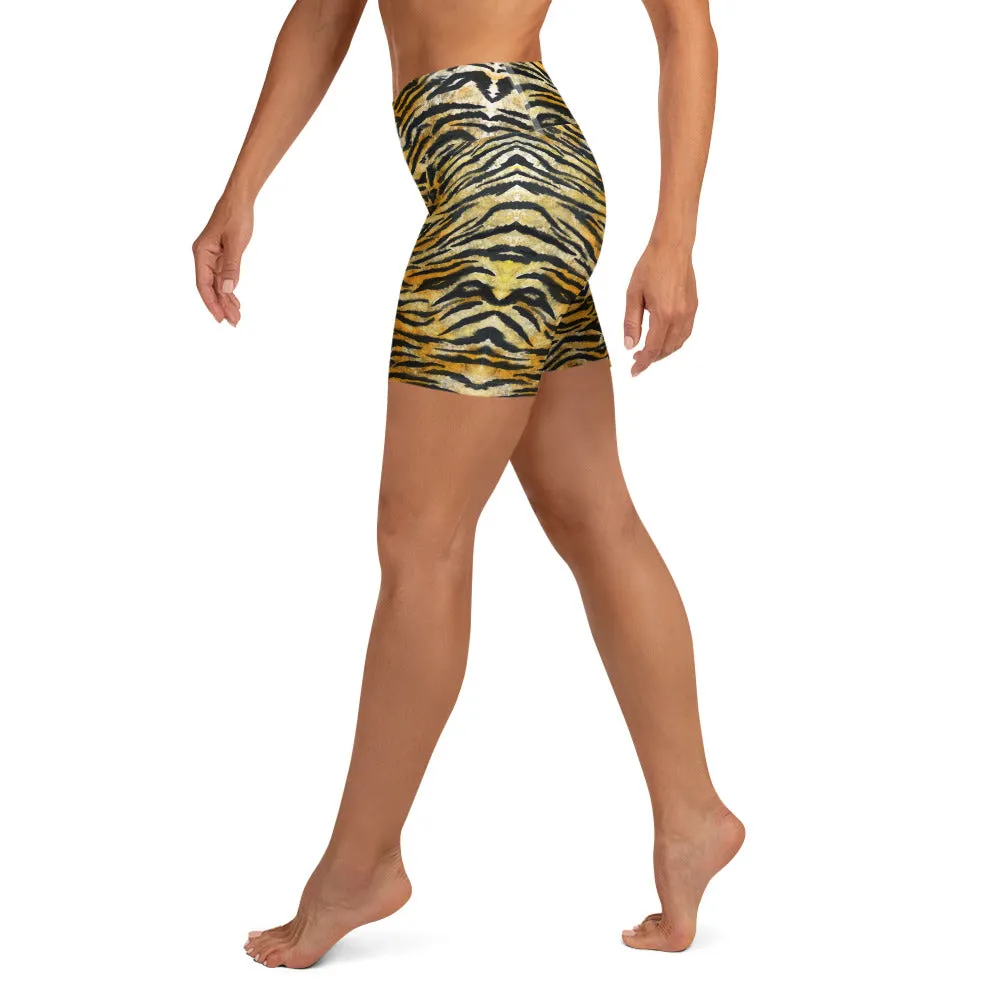 Orange Tiger Stripe Yoga Shorts, Animal Print Women's Short Tights-Made in USA/EU