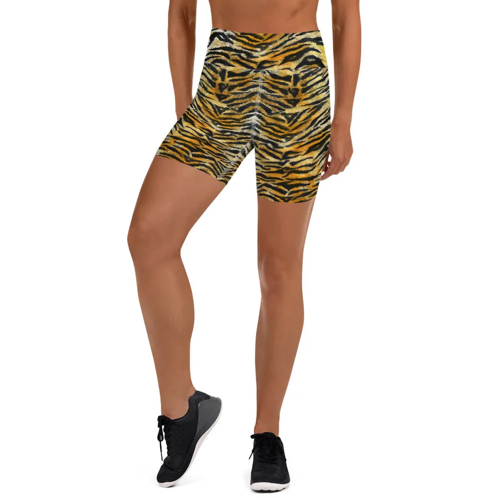 Orange Tiger Stripe Yoga Shorts, Animal Print Women's Short Tights-Made in USA/EU