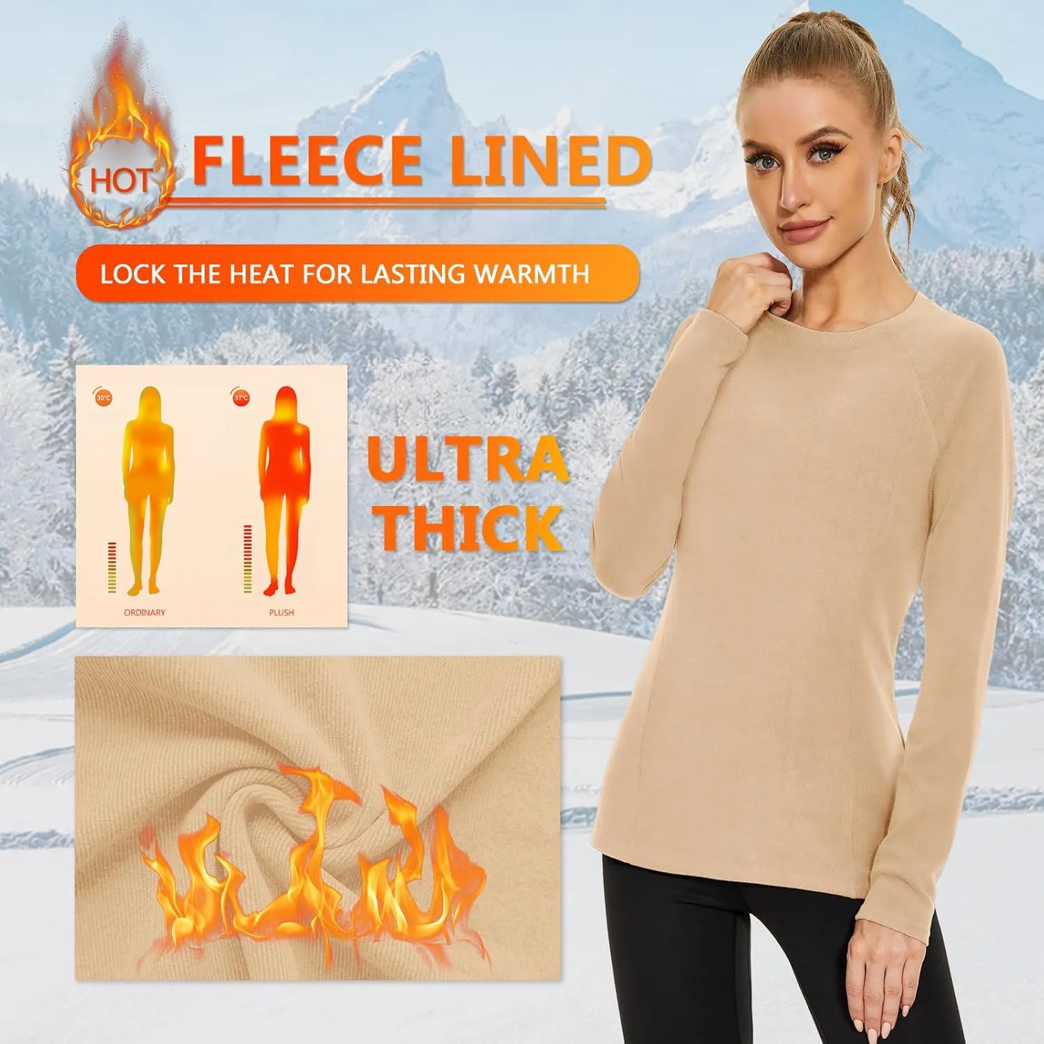 WOWENY Thermal Shirts for Women Base Layer Soft Fleece Lined Long Sleeve Top Thermal Underwear Winter Cold Weather