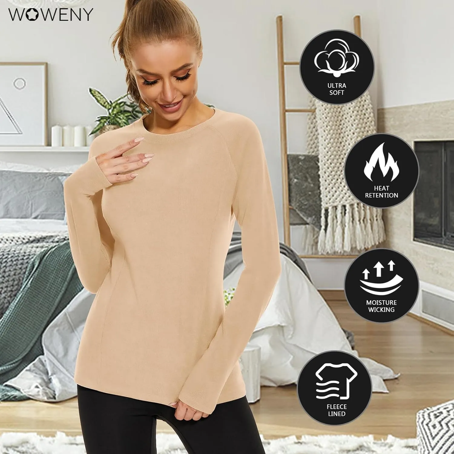 WOWENY Thermal Shirts for Women Base Layer Soft Fleece Lined Long Sleeve Top Thermal Underwear Winter Cold Weather