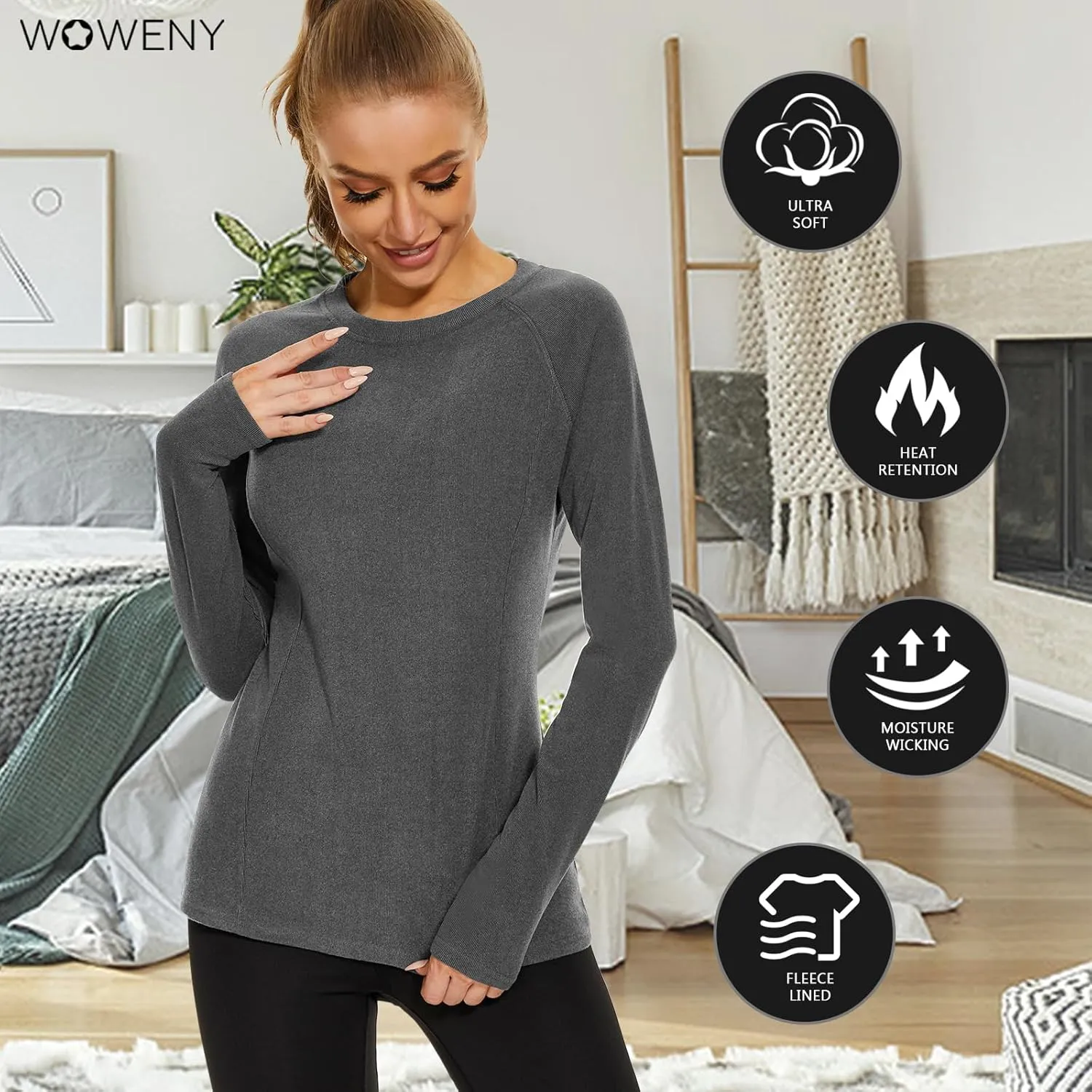WOWENY Thermal Shirts for Women Base Layer Soft Fleece Lined Long Sleeve Top Thermal Underwear Winter Cold Weather