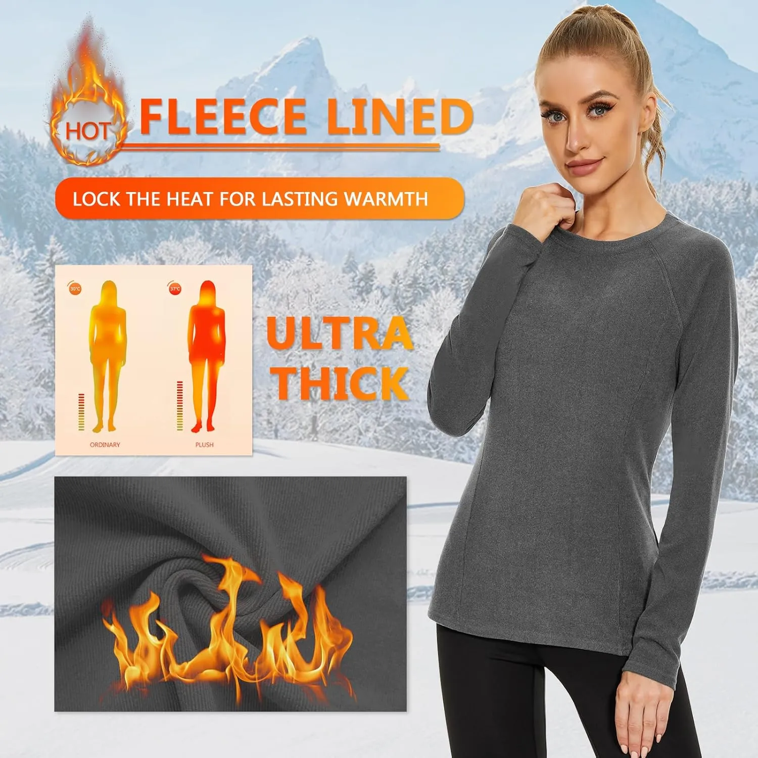 WOWENY Thermal Shirts for Women Base Layer Soft Fleece Lined Long Sleeve Top Thermal Underwear Winter Cold Weather